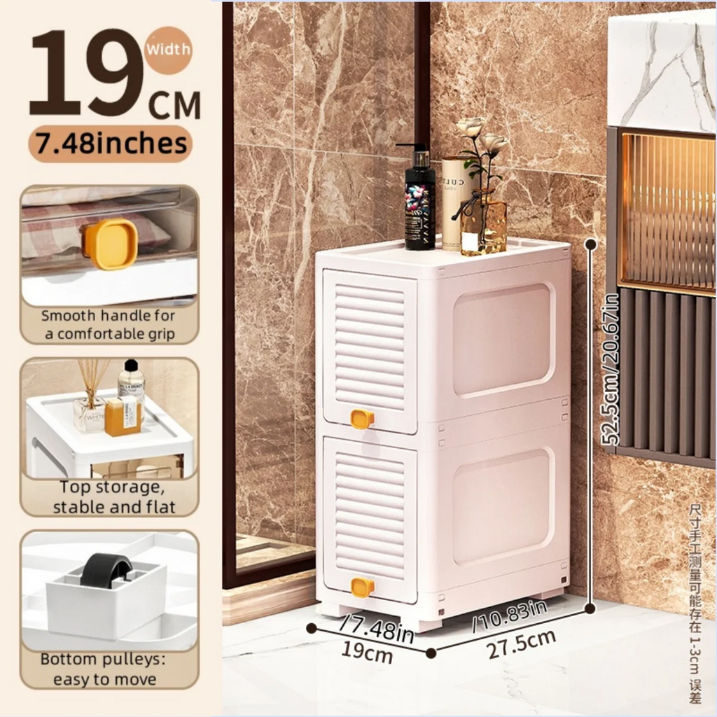 19cm Narrow Cabinet with Flip Lid Large Capacity Adjustable Shelves Organizer for Kitchen Bathroom Bedroom Living Room Oasis Select 2 Tiers White