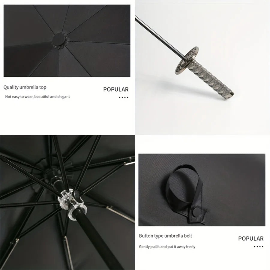 Creative Samurai Sword Umbrella, Ninja-Style 8-Rib Manual Folding Sword Umbrella, Black Anime-Themed Adult Folding Umbrella Oasis Select