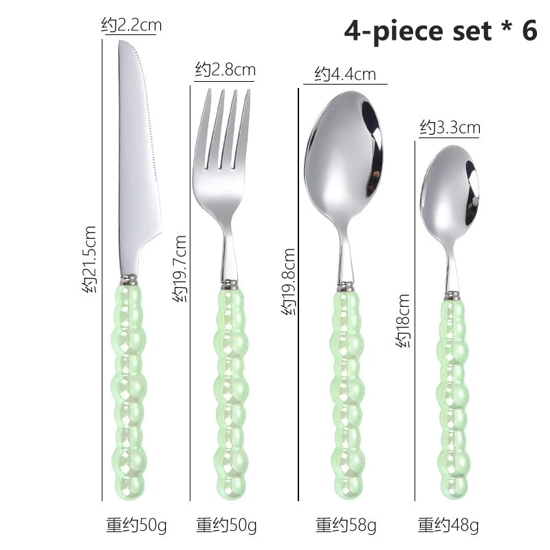 24-Piece Pearl Handle Stainless Steel Cutlery Luxury Forged Knife Fork Spoon Shell Spoon Kits Dessert Steak Dining Tableware Oasis Select Green-24pcs