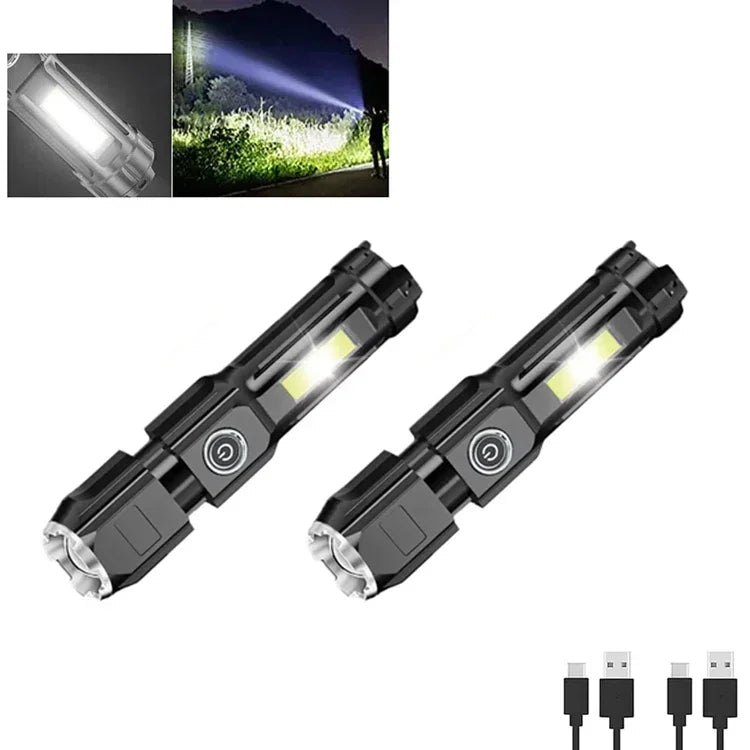 High Power Led Flashlight Super Bright Rechargeable Zoom Torch with COB Side Lights Outdoor Camping Night Fishing Lantern Oasis Select Package A 2pcs