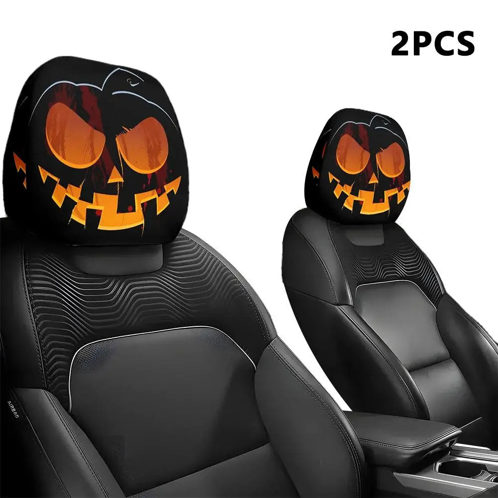 2pcs Halloween Decoration Black Skull Car Print Headrest Cover Universal Stretchy Spooky Fun Universal Head Cover Auto Parts Oasis Select 2pcs D