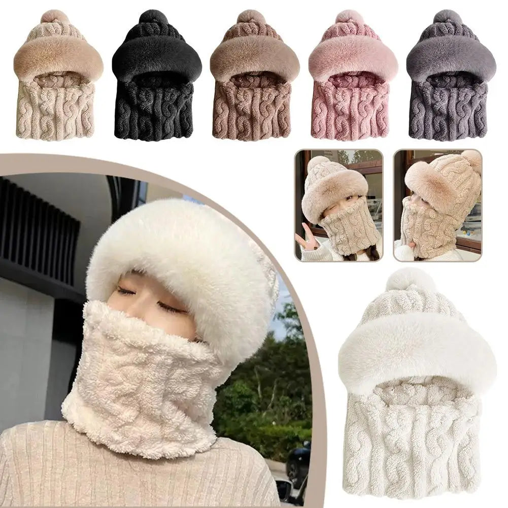Winter Scarf Set Hooded for Women Plush Neck Warm Russia Outdoor Ski Windproof Hat Thick Plush Fluffy Beanies Cycling Cap Oasis Select