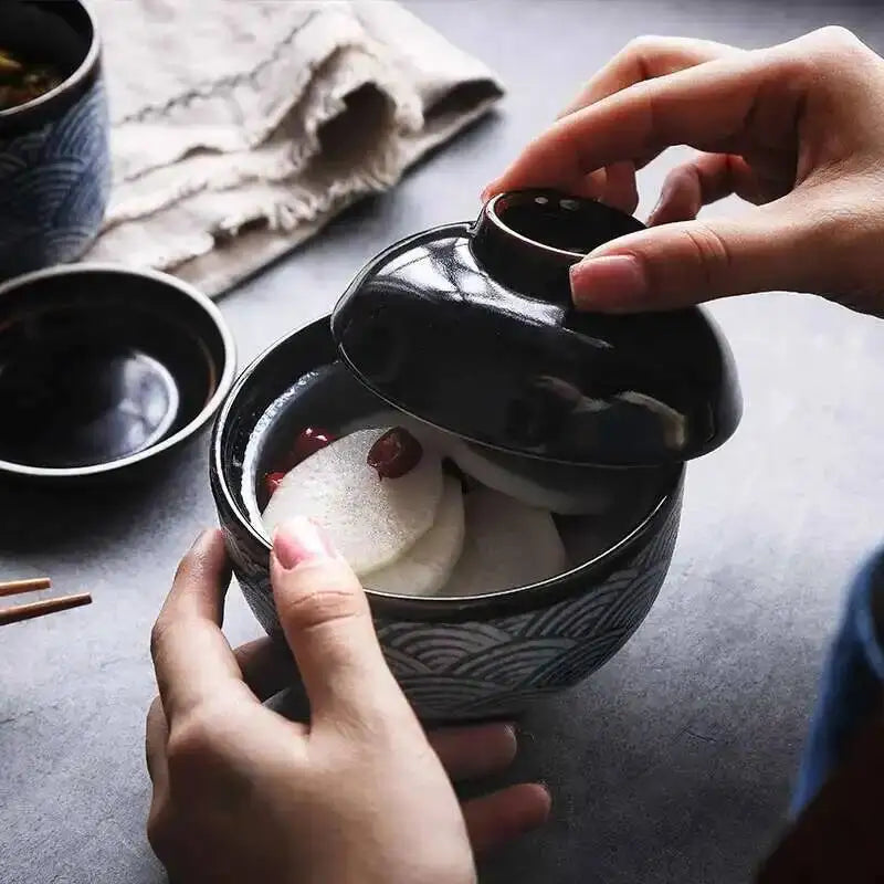 Japanese Tableware Stew Bowl Ceramic Bowl With Lid Dessert Steamed Egg Bowl Soup Bowl Dessert Underglaze Color Ramen Bowl Oasis Select