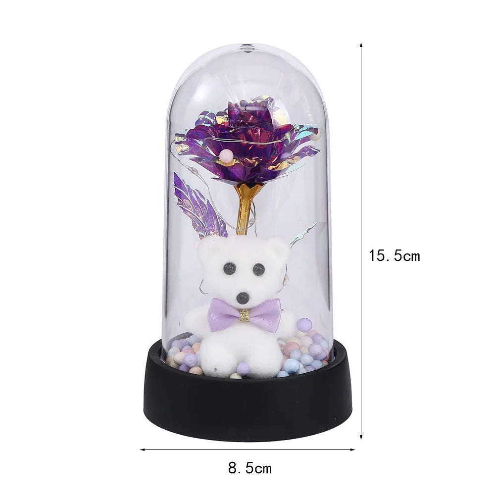 Artificial Rose Bear Desktop Ornament Eternal 24K Gold Foil Flower with Light Acrylic Cover Valentine's Day Birthday Rose Decor Oasis Select