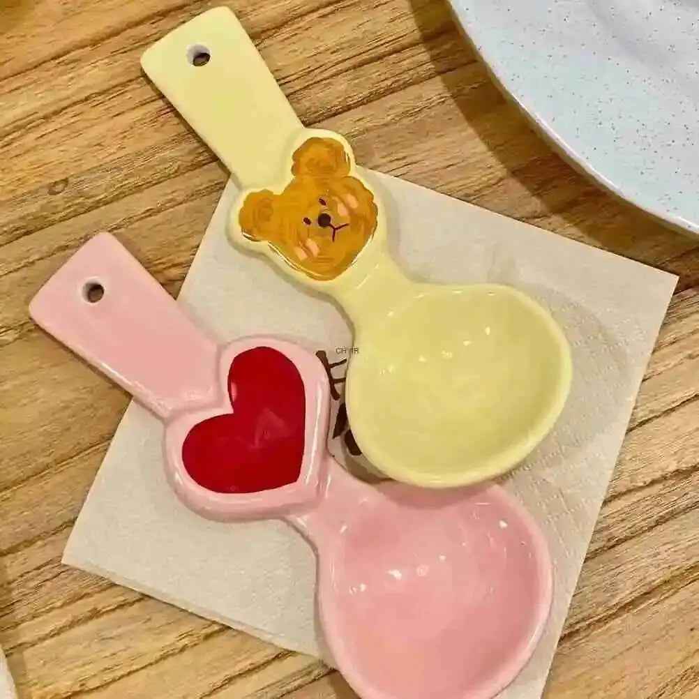 Cute Bear Heart-Shaped Ceramic Spoon Children's Rice Spoon Dessert Spoon Kitchen Tablewear Oasis Select