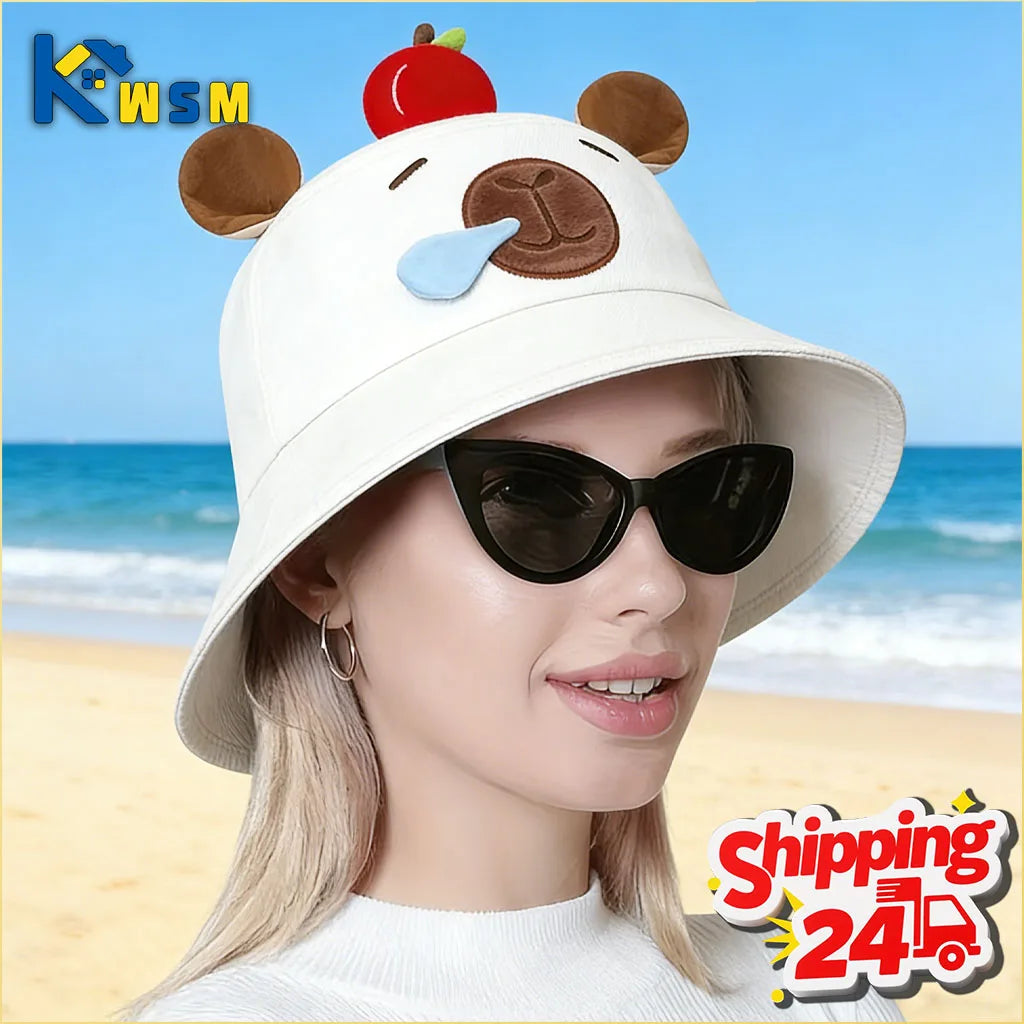 1-4PCS Cute Capybara Apple Bucket Hat for Women Cartoon Fisherman Hat Sun Protection Casual Summer Beach Outdoor Oasis Select