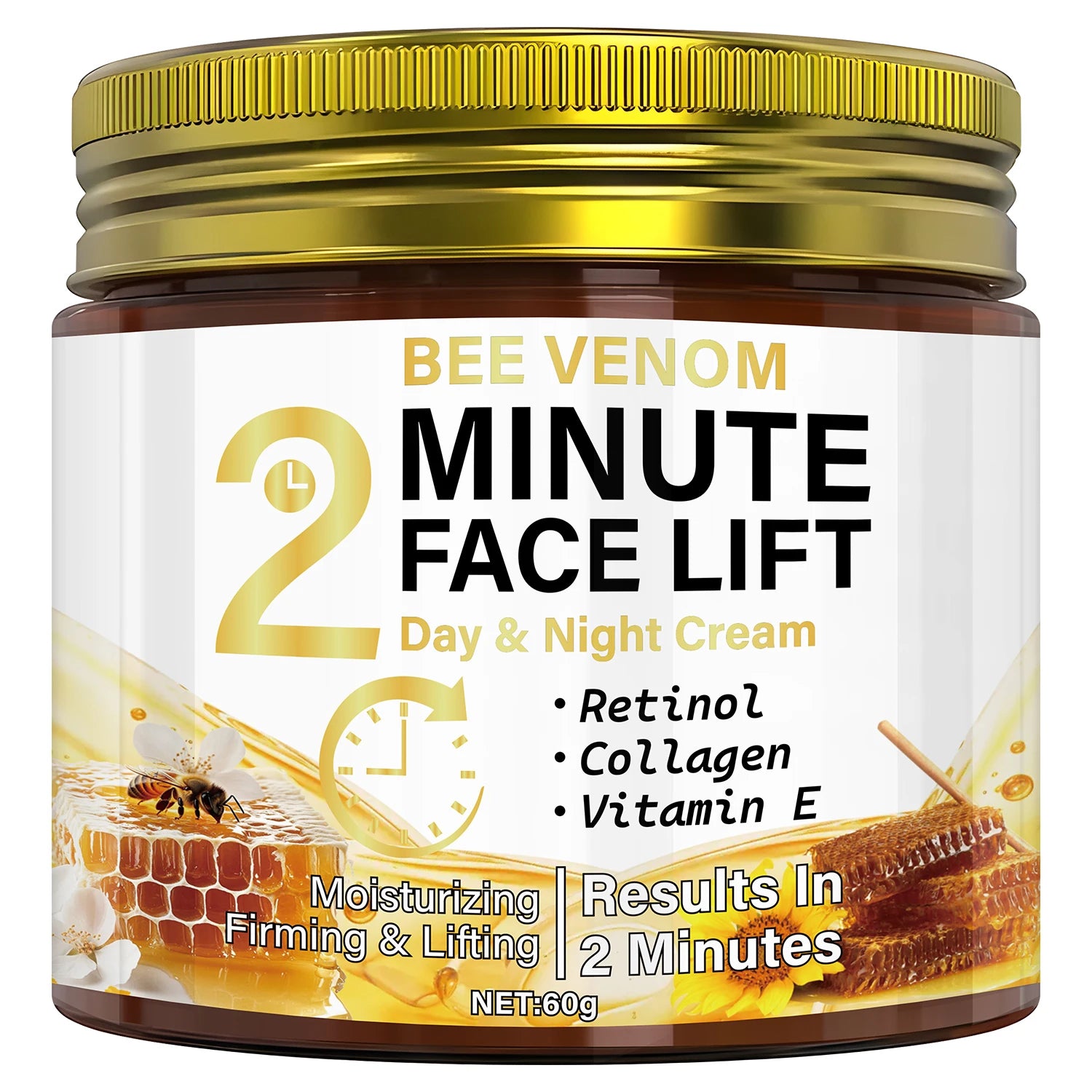Bee Venom Anti-Aging Day & Night Cream with Retinol & Collagen - Intense Moisturizing & Firming Face Lift Treatment Oasis Select YELLOW 60g