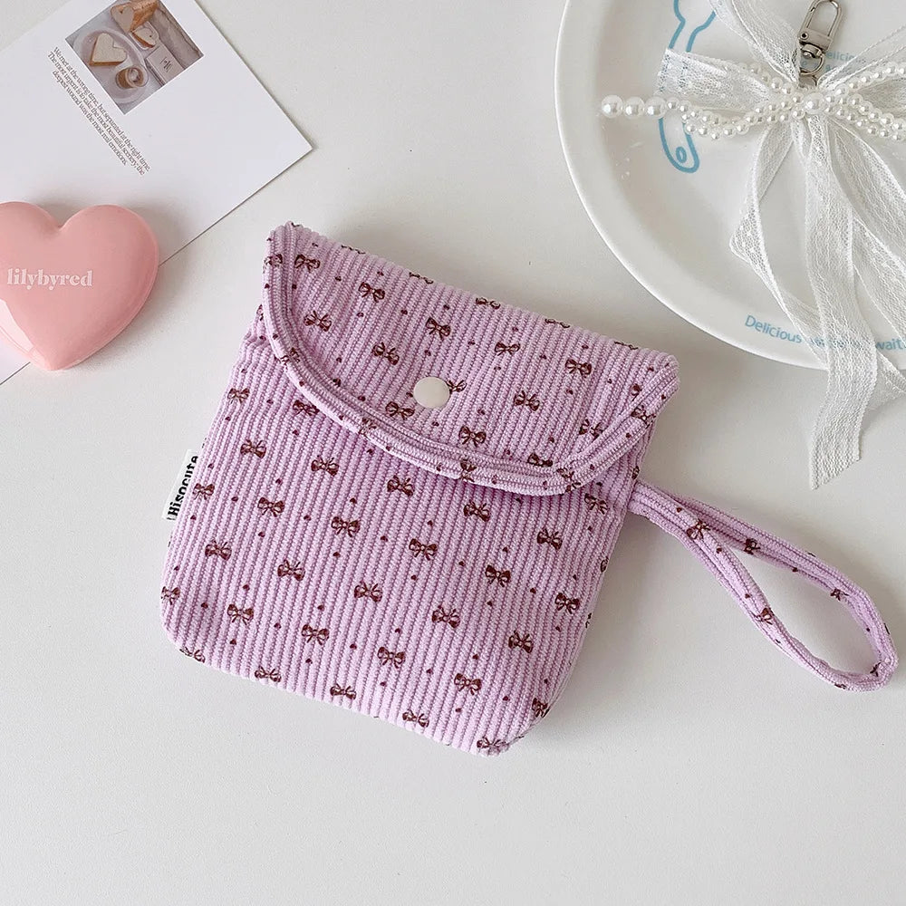 Corduroy Makeup Bag Premium Portable Storage Bag Cosmetic Organizer Bag Spacious Bow Sanitary Napkin Pouch For Gift For Women Oasis Select Purple