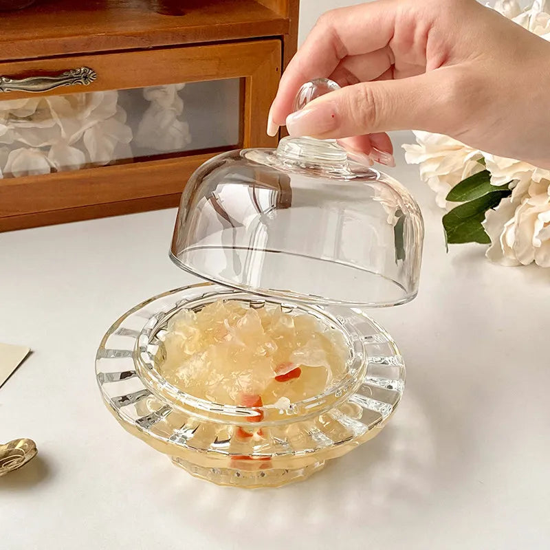 1pcs Chinese Bird's Nest Bowl White Fungus Cup Glass Belt Cover Transparent Delicate High Grade Fruit Dim Sum Dessert Soup Cup Oasis Select