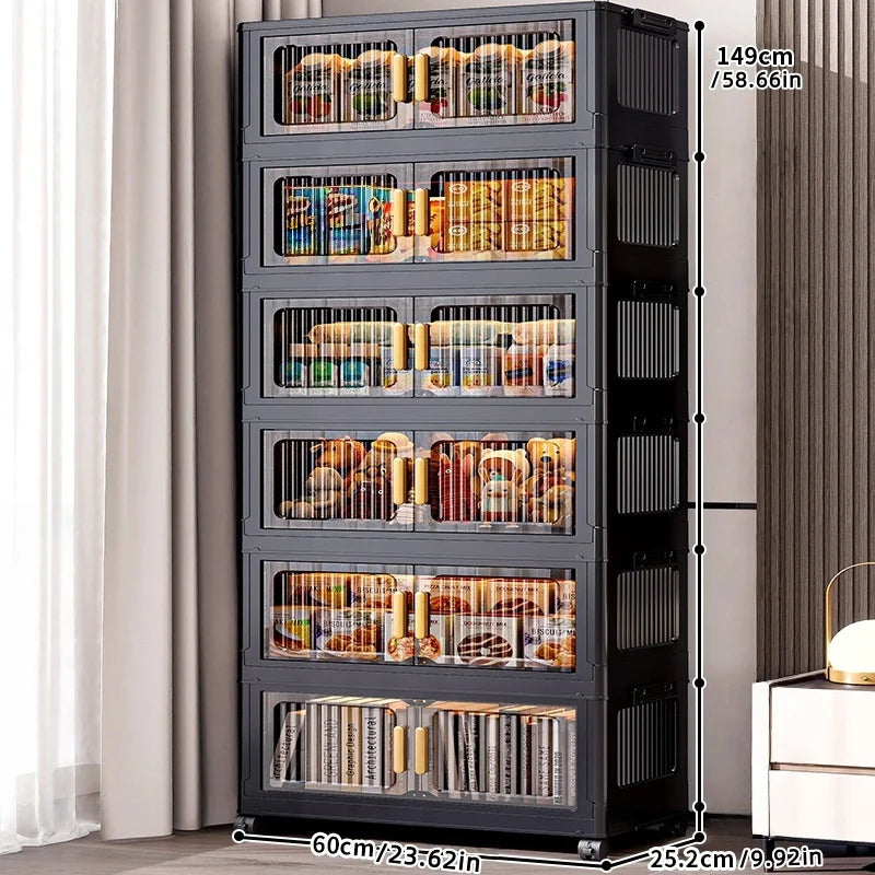 Foldable Clear Double-Door Storage Cabinet Large Space-Saving Mobile Organizer Dustproof Moisture-Proof for Kitchen Living Room Oasis Select 6 Tiers