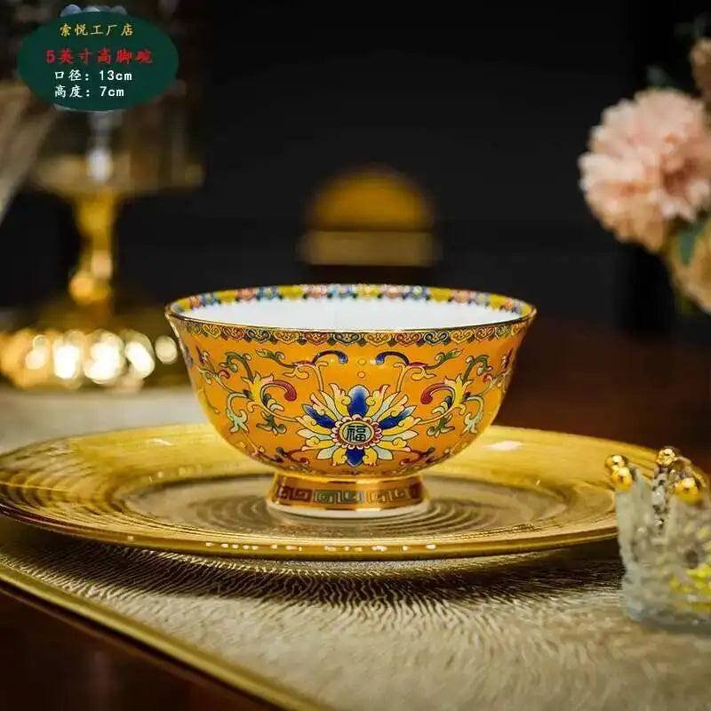Bone China Dining Bowl Enamel Colored Chinese High Footed Rice Noodles Soup Bowl Tablewear Oasis Select 5inHigh Bowl-2
