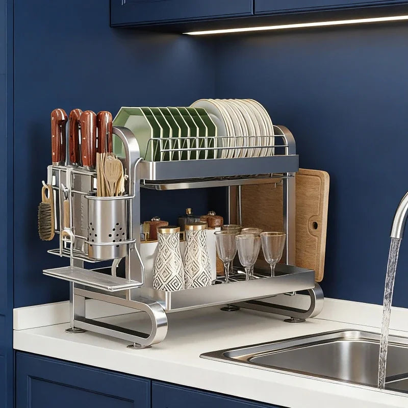 Stainless steel dish storage rack Drain rack Multi-layer kitchen rack Thickened square tube Multifunctional bowl and chopstick Oasis Select