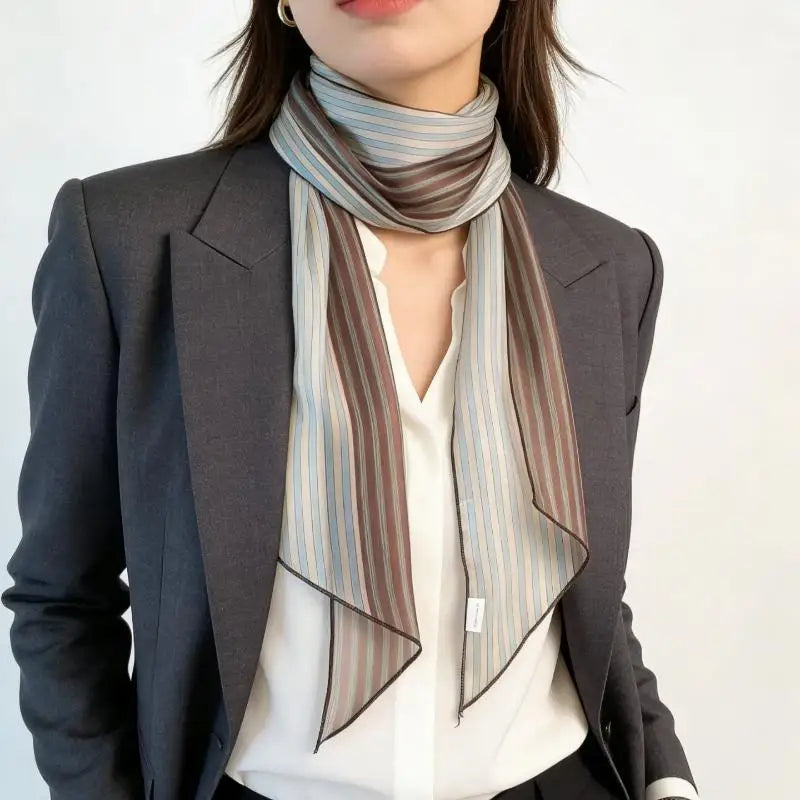 Striped Silk Scarf Women Lightweight Breathable Fashion Neck Head Scarf Daily Office Travel Beach Accessory Office Daily Wear Oasis Select