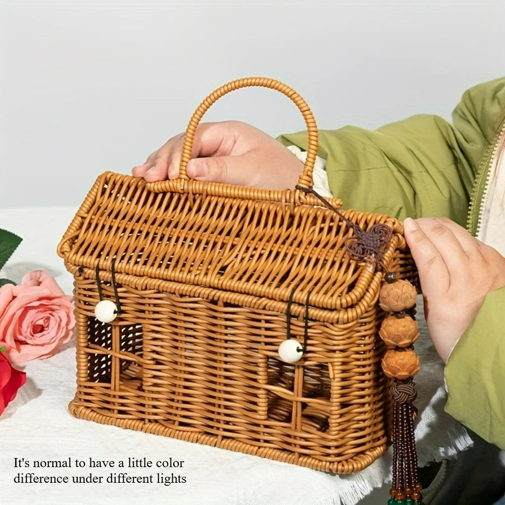 1pc Handwoven PE Rattan Picnic Basket, Durable Fruit Bread Snack Tote Bag, Portable Woven Storage Basket for Grocery Shopping Oasis Select Orange