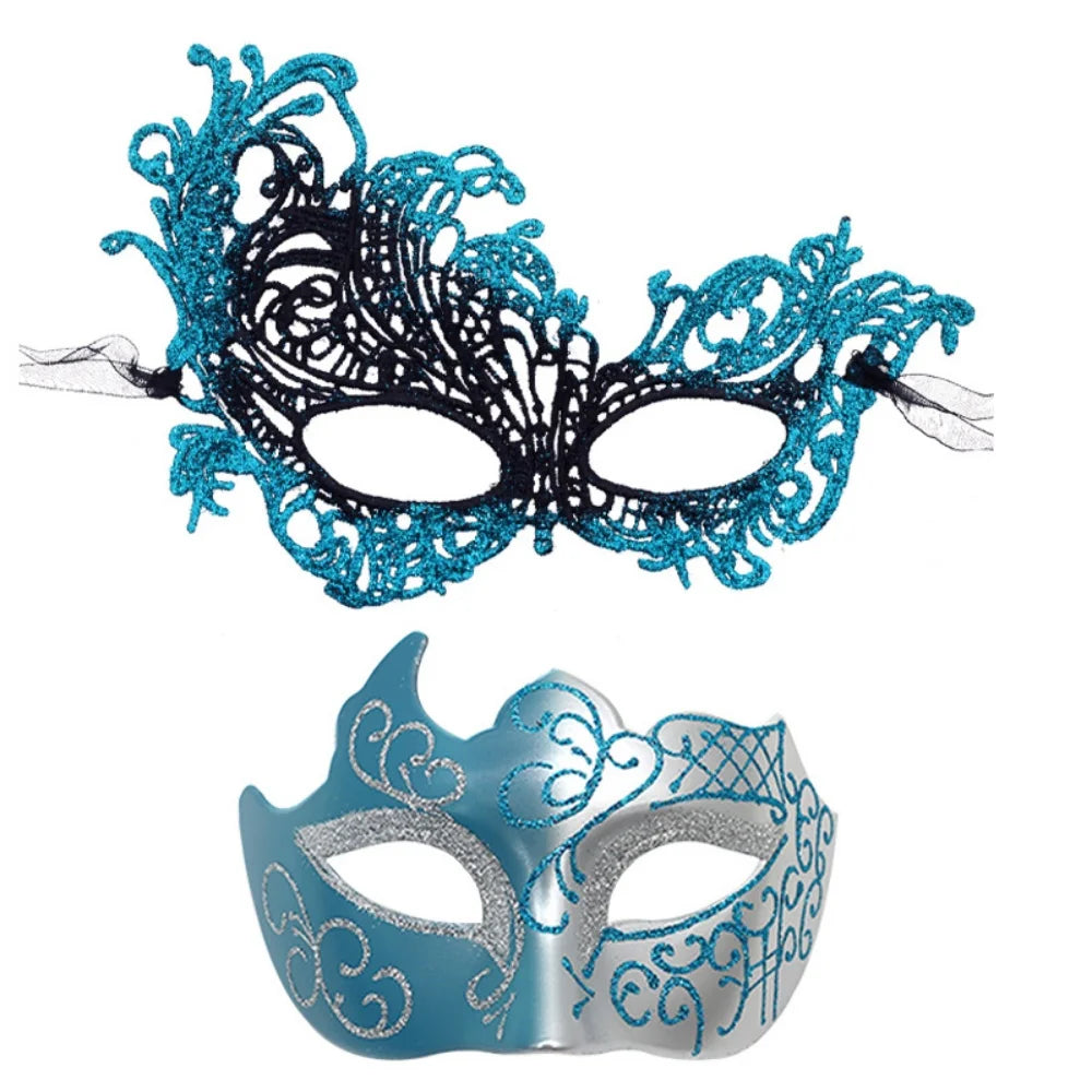 2PCS/set Couple Masks Lace Women Mask Men Painted Half Face Mask Eye Mask Set Party Masquerade Wedding Decoration Costume Prom Oasis Select Blue 2