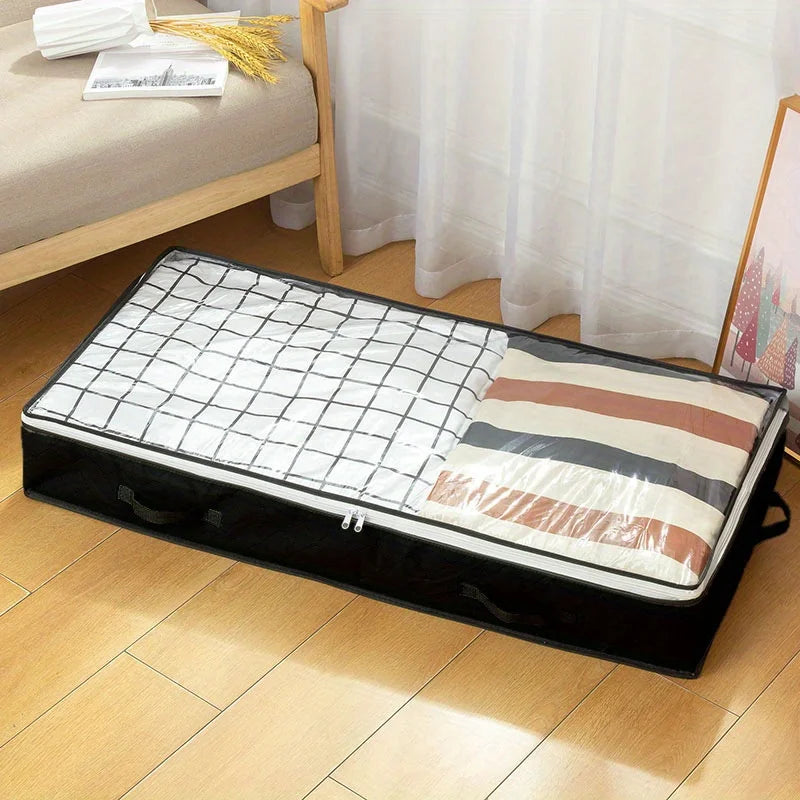 Dustproof under-bed storage box with reinforced handles, suitable for quilts, blankets, pillows, and toys, bedroom accessories. Oasis Select black