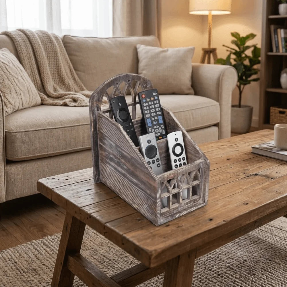 3-Grid Wooden Remote Control Holder | Vintage Desktop Organizer