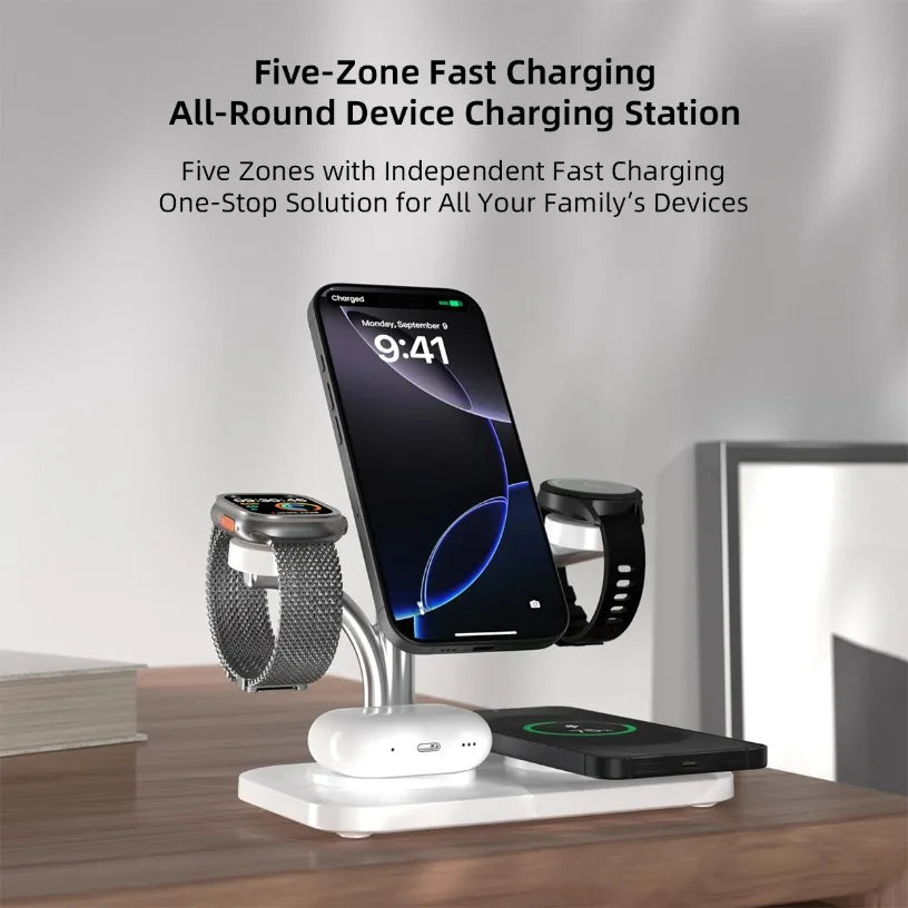 5 IN 1 15W Dual Phone Watch Magnetic Wireless Charger Fast Charging For iPhone 17~12 Samsung Apple/Galaxy Watch Aipods Pro/Buds Oasis Select