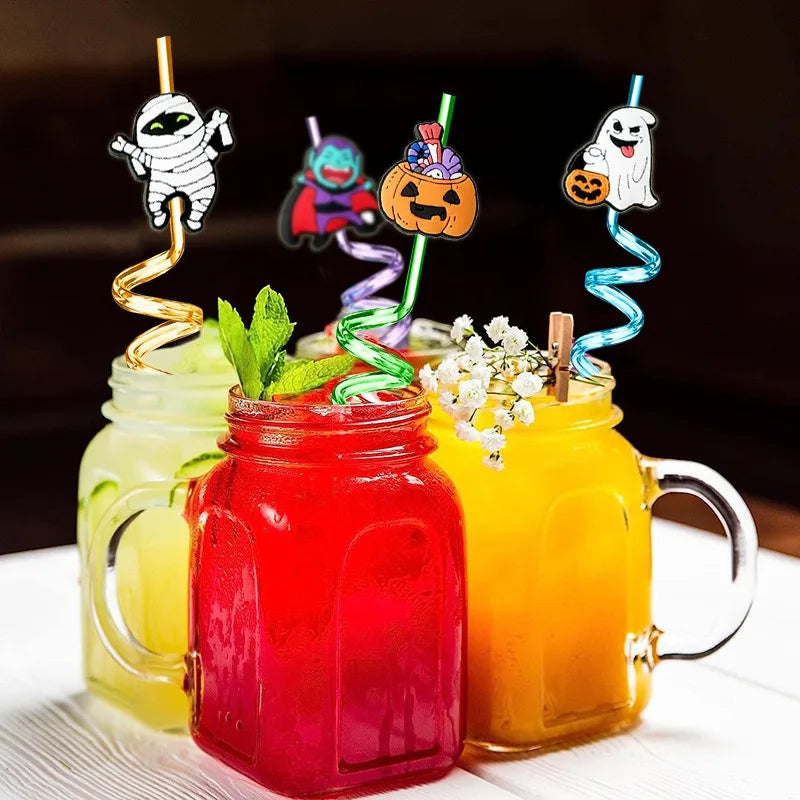 8pcs 27cm Plastic Halloween Straw Reusable Miner Plastic Spiral Drinking Straws Kids Birthday Party Decorations Juice Straws Oasis Select