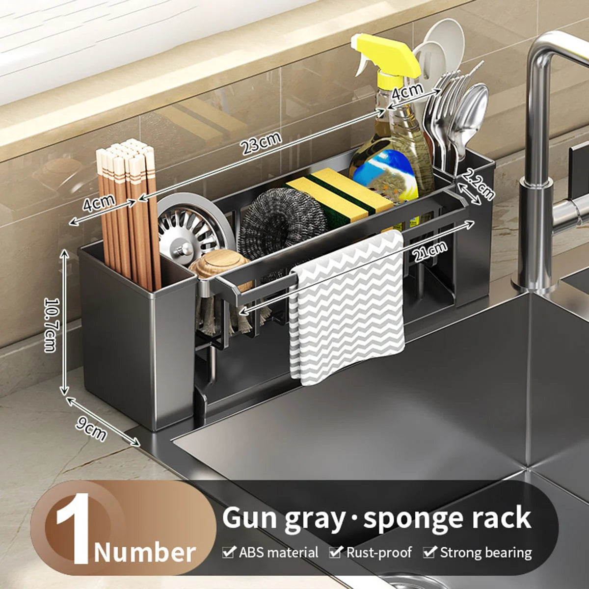 Kitchen Sink Organiser,Kitchen Sink Sponge Holder With Brush Holder,Rag Drain Rack, Bathroom Organizer, Sink Faucet Sink Ra Oasis Select Grey