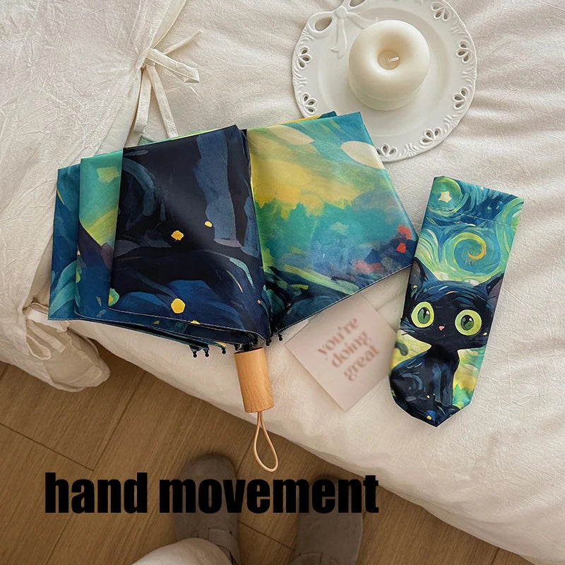 Blue Green Purple Powder Cat Cartoon Fold Umbrella Fully Automatic Umbrella Women's Dual-Purpose Sun Umbrella Portable Umbrella Oasis Select 1 hand movement 8K