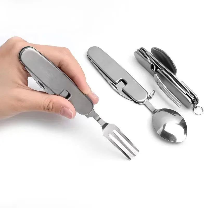 Foldable Spoon Knife Fork Bottle Tablespoon Set 4 in 1 Bottle Opener Stainless Steel Folding Pocket Kits Outdoor Camping Utensil Oasis Select