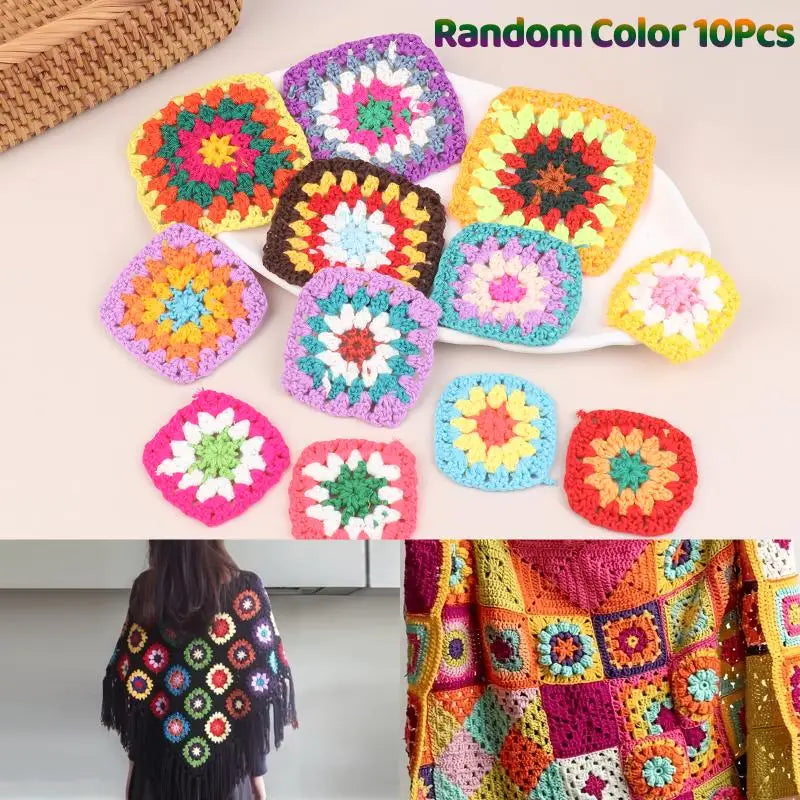 10Pcs Random Mix Colors Handmade Crochet Doilies Suit Square Flower Piece For Diy Clothing Pocket Coaster Bag Tablecloth Oasis Select