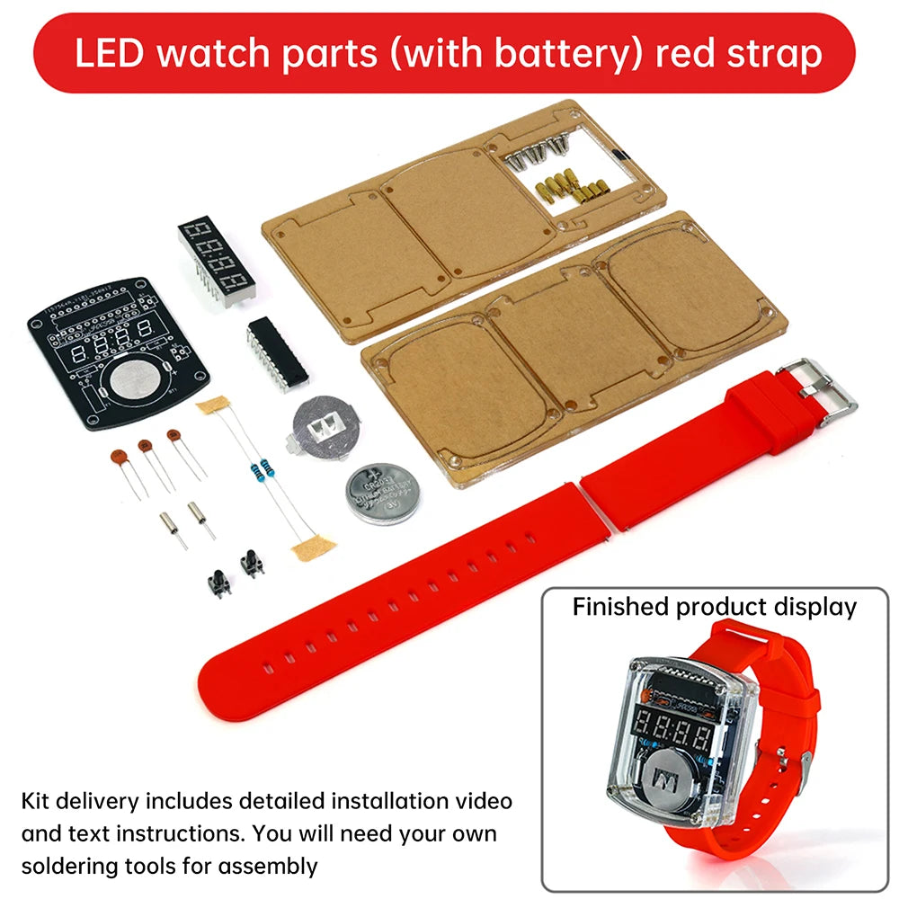 LED DIY Electronic Watch Kit Digital Tube Clock Accessories Soldering Assembly Electronic Silicone Watch Oasis Select Red 1