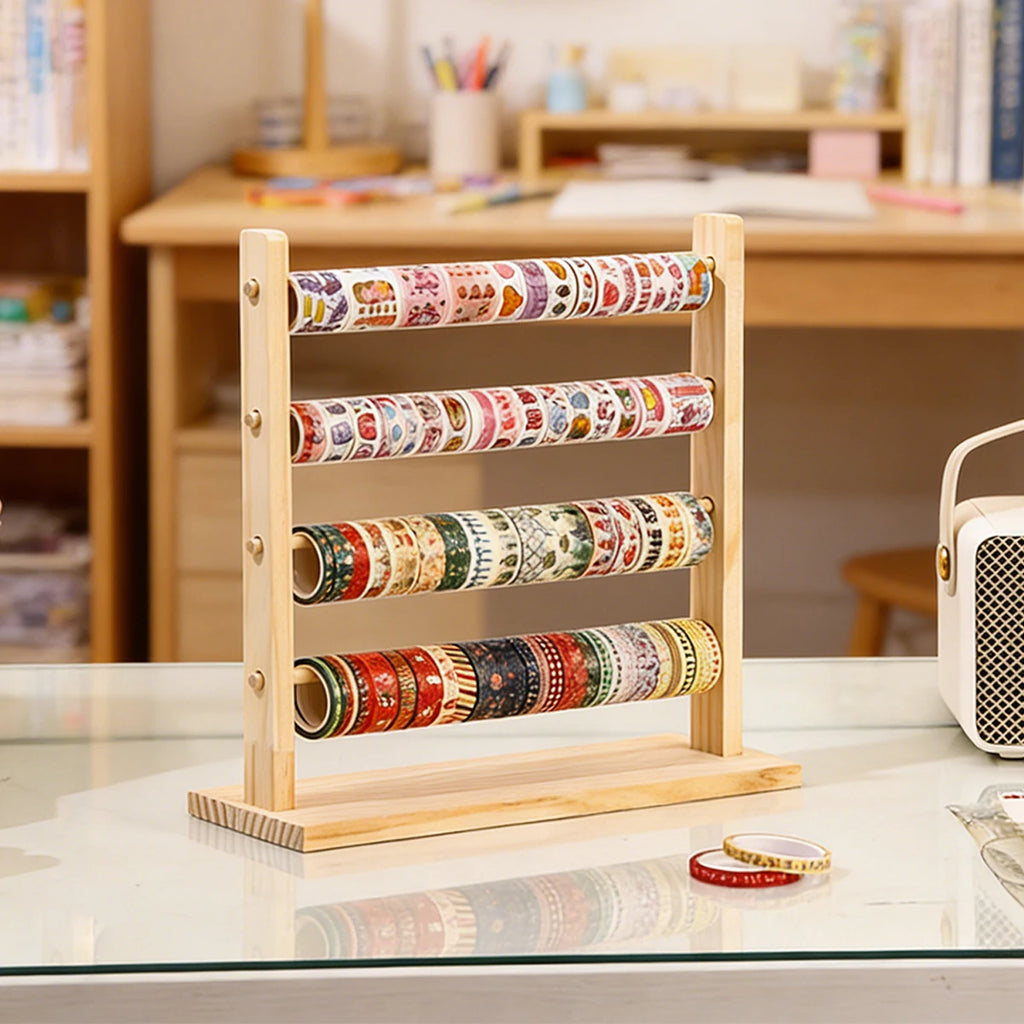 1pc wooden tape roll storage rack 3/4 layers wooden countertop ribbon organizer multifunctional office storage rack for home use Oasis Select