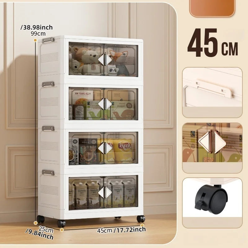 45cm Foldable Width Plastic Storage Box with Wheels Multi-Layer Clothing Cabinet Organizer for Books Kitchen Oasis Select 45cm-White-4 Layers