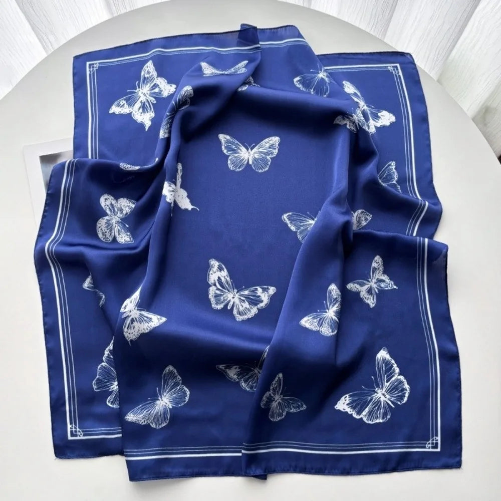 Versatile Elegant Women Scarf Square Shape Silk Imitation Neckerchief Butterfly Print Bandana Women Accessories Oasis Select Blue