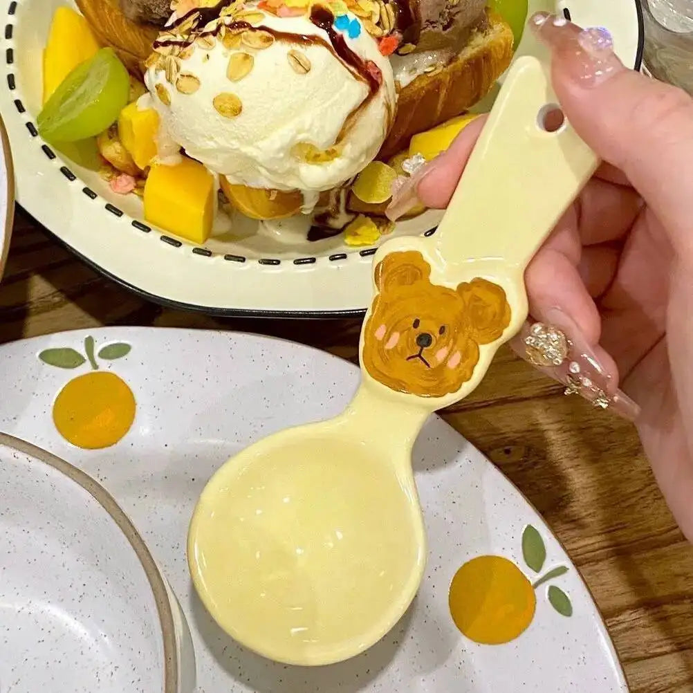 Cute Bear Heart-Shaped Ceramic Spoon Children's Rice Spoon Dessert Spoon Kitchen Tablewear Oasis Select Cream Bear
