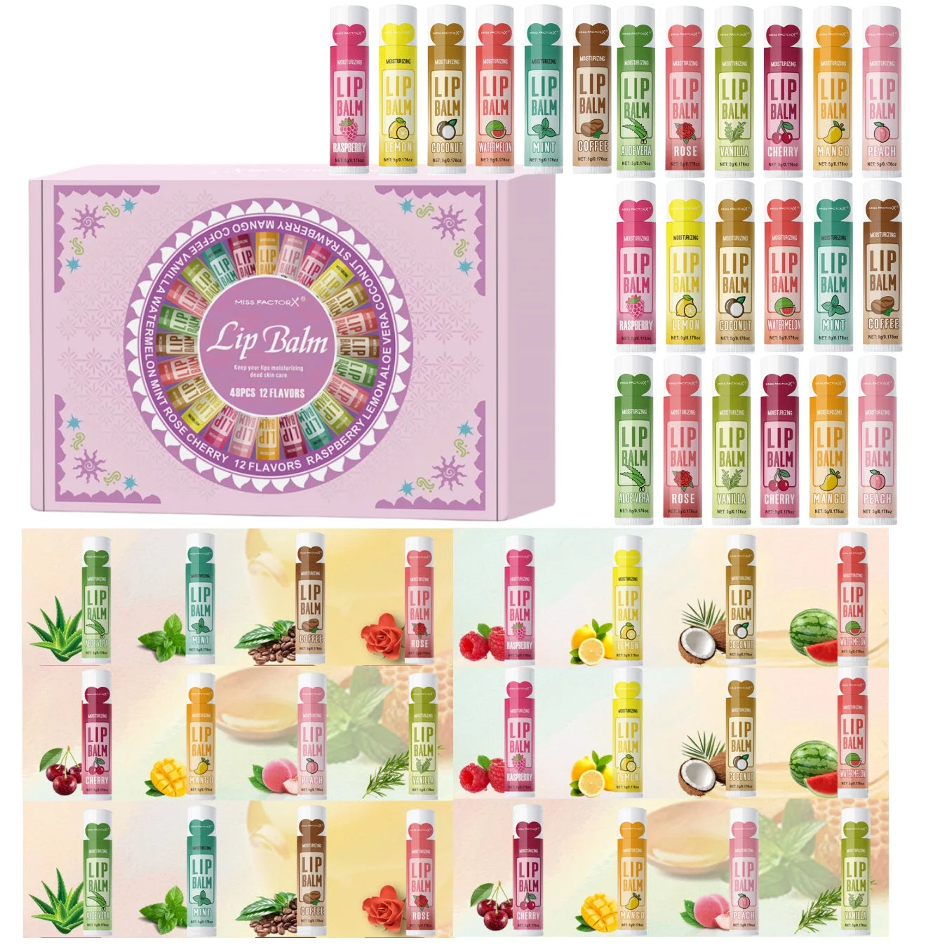 48PCS/ box Moisturizing Lip Balm set 5g12 Flower fragrance Natural fragrance moisturizing and brightening lip color holiday gift Oasis Select 48PCS Lip Balm set