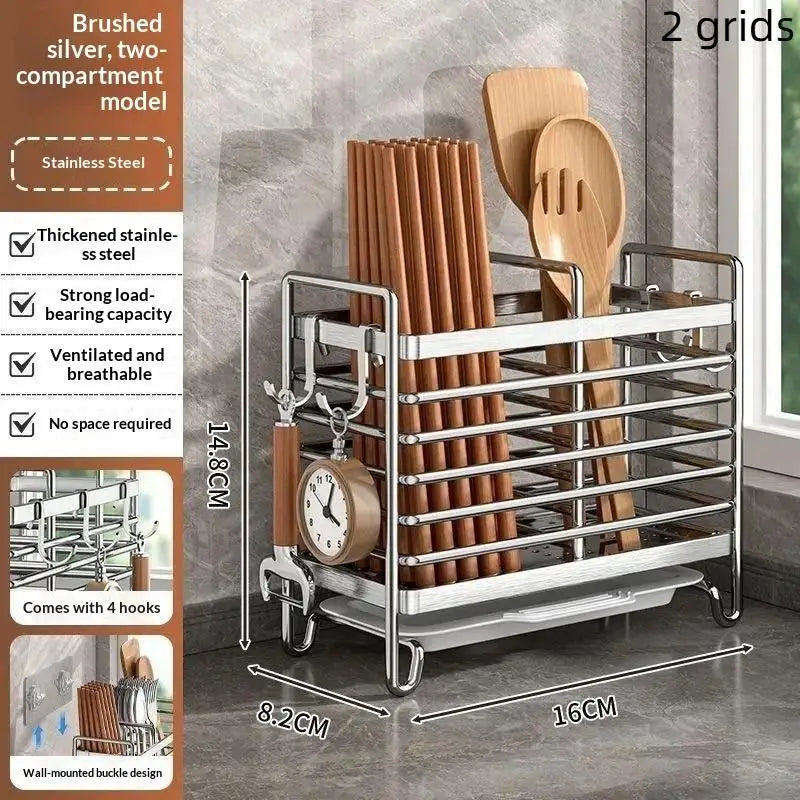 Stainless Steel No-Drill Wall-Mounted Utensil Holder Space-Saving Non-Slip Cutlery Organizer for Kitchen Countertop Wall Oasis Select Silver 2