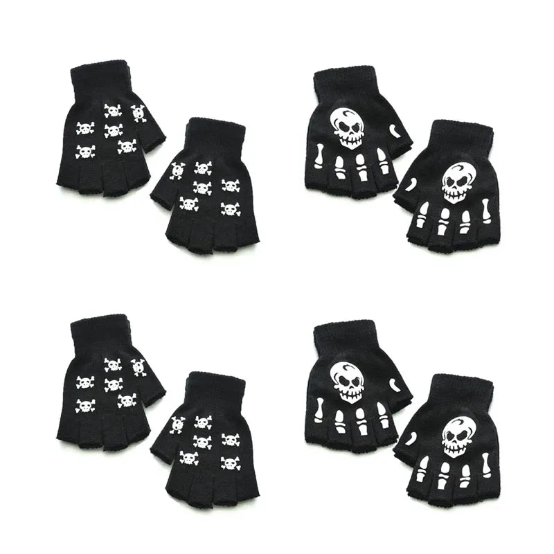 1/2/3/4pairs Adult Kids Halloween Skull Half-Finger Punk Gloves Winter Skull Fingerless Black Gloves Oasis Select mix-4pairs 2