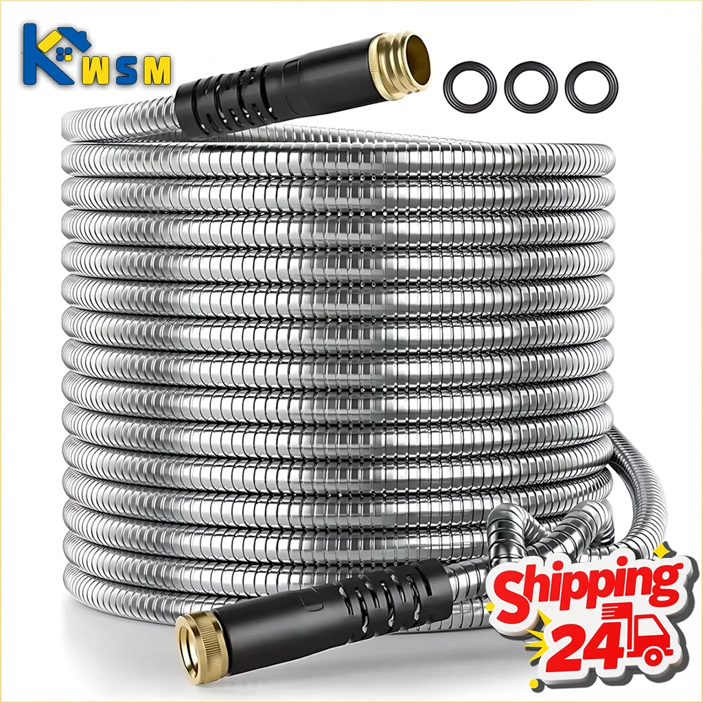 25-75ft Stainless Steel Garden Hose Metal Water Hose Patio Outdoor RV Car Wash Hose Watering Gun Hose Gardening Accessories Oasis Select