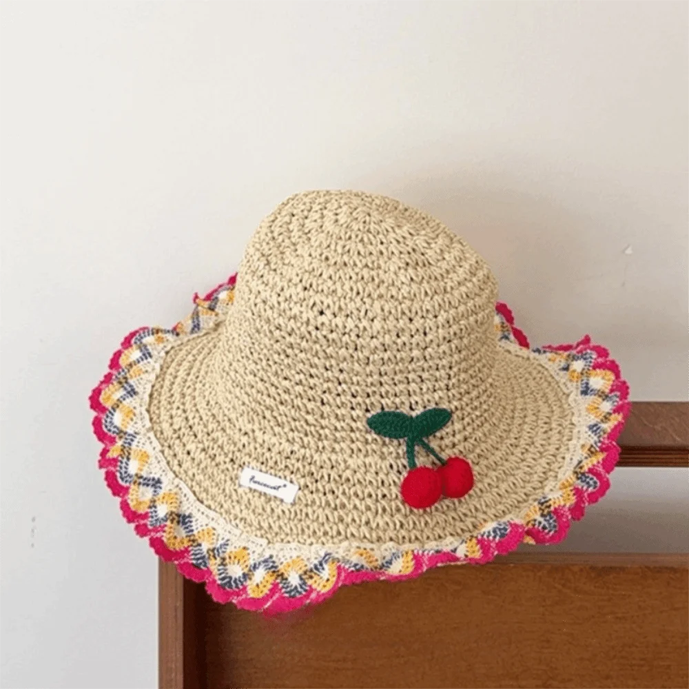 Fashionable Large Brim Straw Hat Floral Tie Ethnic Style Fisherman's Hat Hollow out Sun Protection Hat Vacation Oasis Select Rose Red