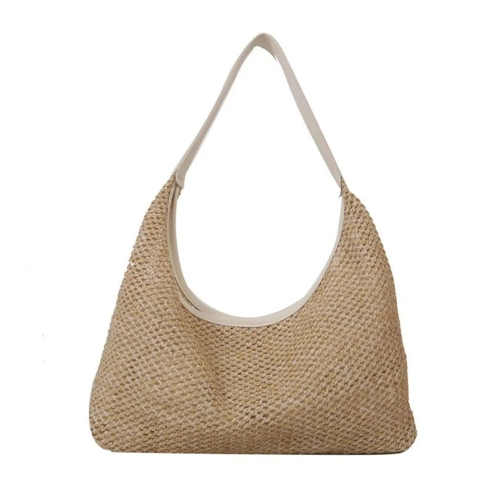 Fashion Solid Color Weave Straw Bag Bohemian Style Large Capacity Beach Handbag Bucket Bag Handmade Shoulder Bag Summer Oasis Select White