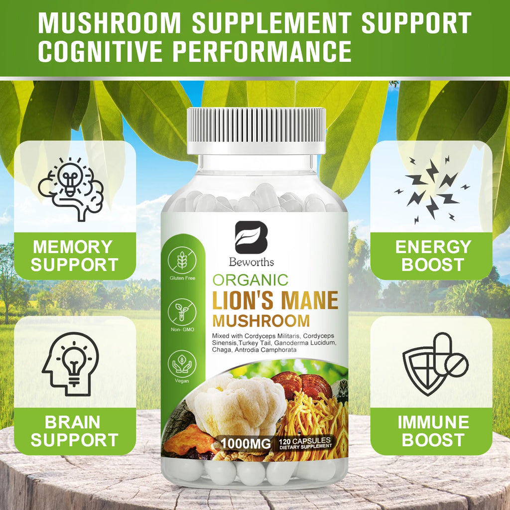 BEWORTHS Lion's Mane Mushroom Capsule Cordyceps Sinensis Strengthens Memory & Cognition Brain,Immune Health Support Oasis Select