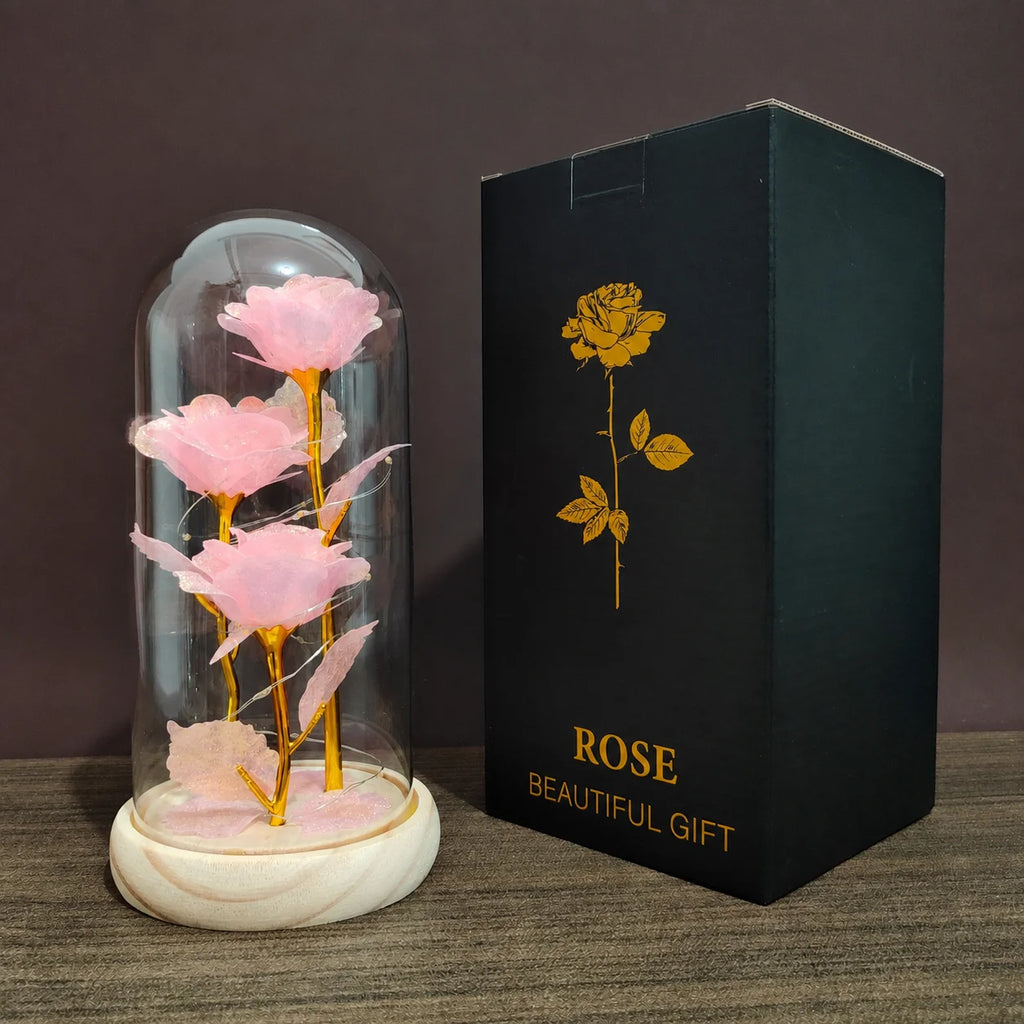 Graduation Season Teacher's Day Creative Gift Box for Women - Rose Flower Gift, Perpetual Flower Glass Cover with Three Artifici Oasis Select