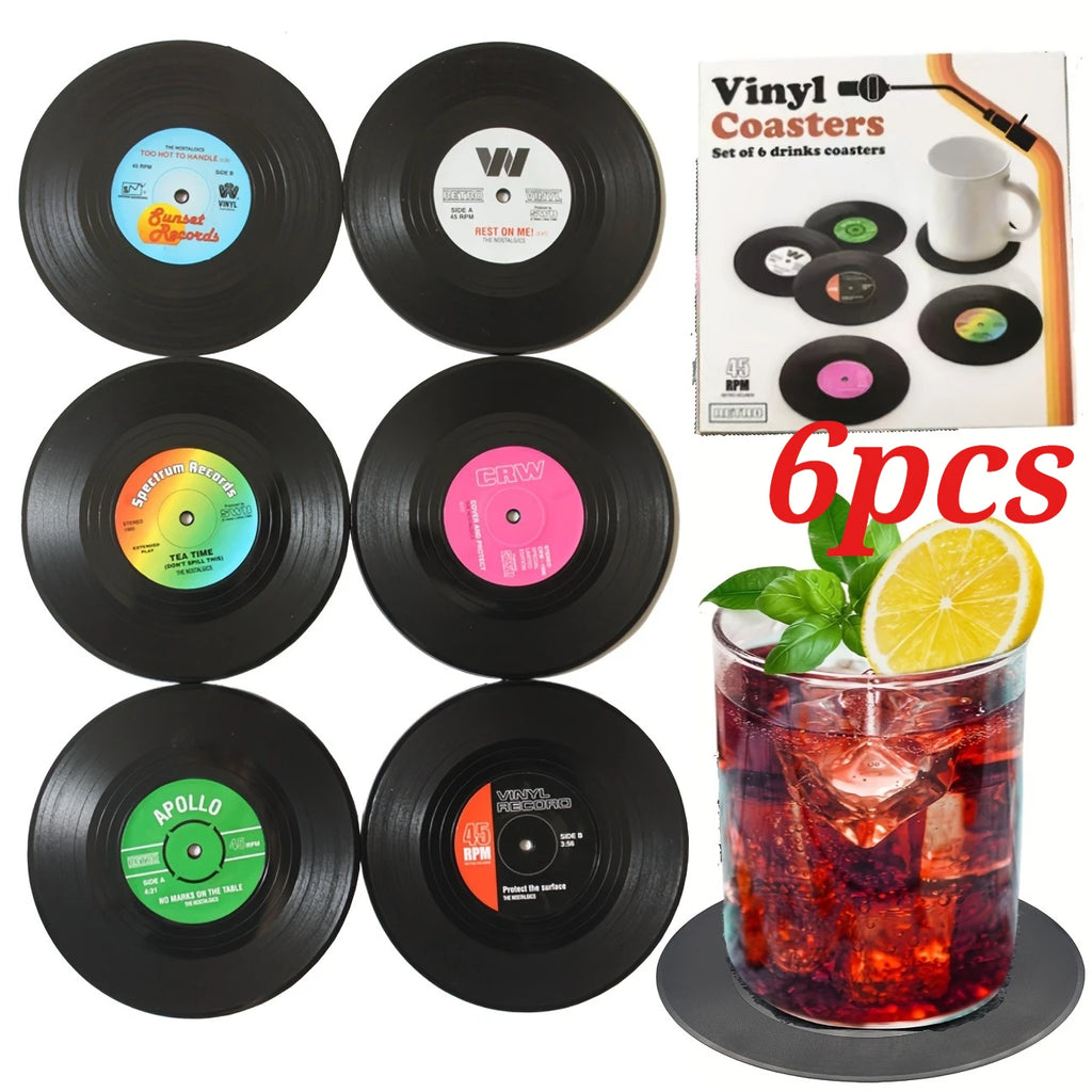6pcs Vinyl Record Coasters Absorbent Retro Style Home Decor Hot Coffee Cup Placement Pads Effective Protection of The Desktop Oasis Select