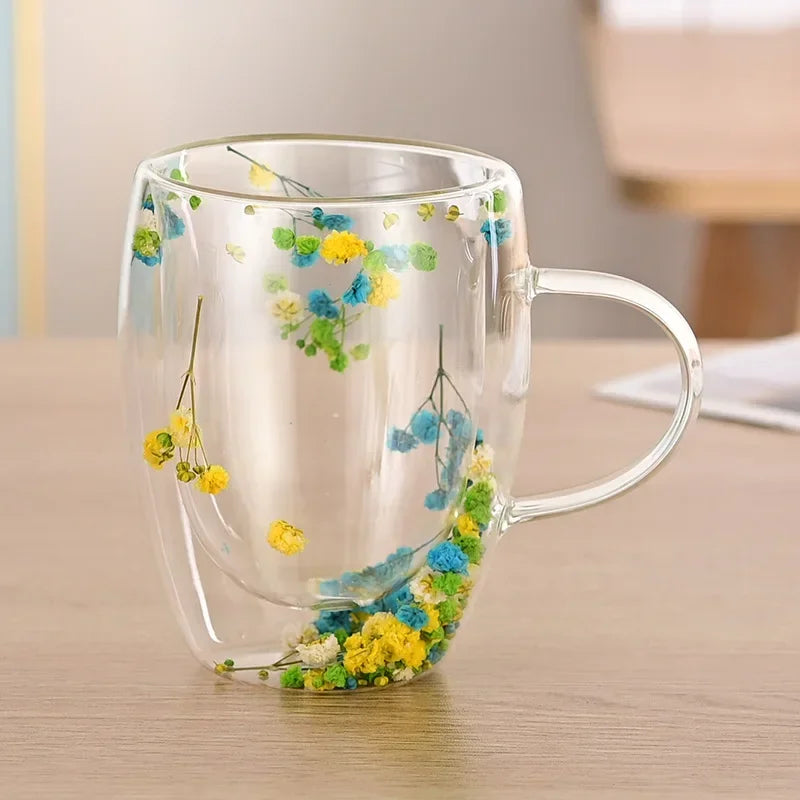 1PCS 300ml Double Wall Glass Cup with Handle Dried Flower Decorated Ins StyleDurable Coffee Milk Mug Heat Resistant Tea Cups Oasis Select Multicolor3-350ml 300ml