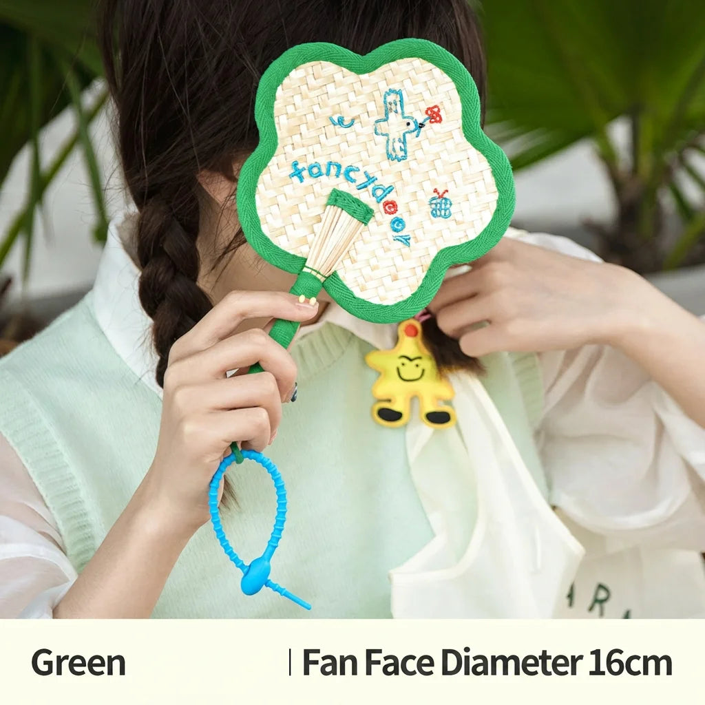 Handmade Manual Straw Hand Fans Flower Shape Handheld Hand Cranked Fan Adjustable with Hanging Hoop Summer Cooling Fan Oasis Select Green