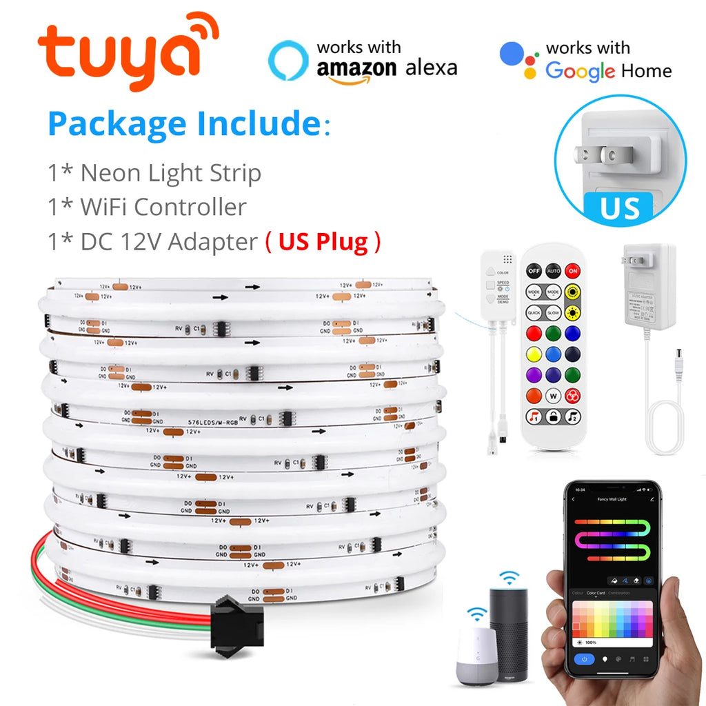 RGBIC COB LED Light Strip DC12V Flexible Tuya WIFI APP Control For Alexa Google,Addressable WS2811 for Game Room Decor Lighting Oasis Select USA Power Plug DC 12V 2M Lamp Kit