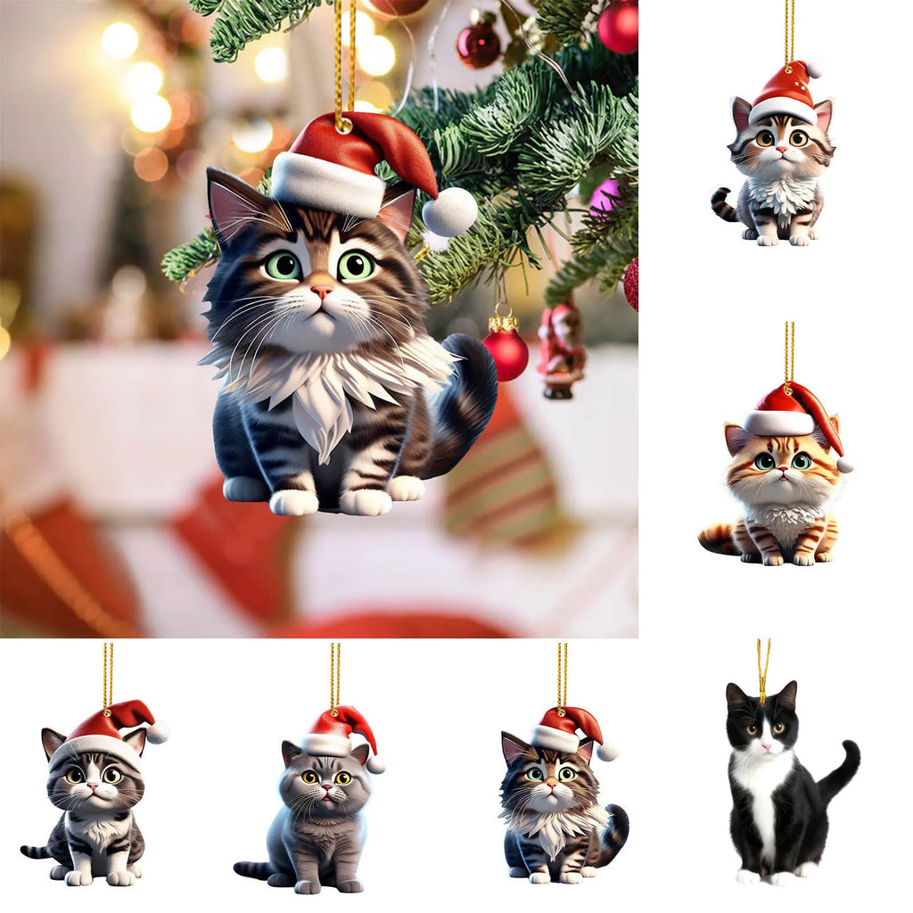 2D Acrylic Funny Cat Christmas Ornament | Santa Hat Pendant