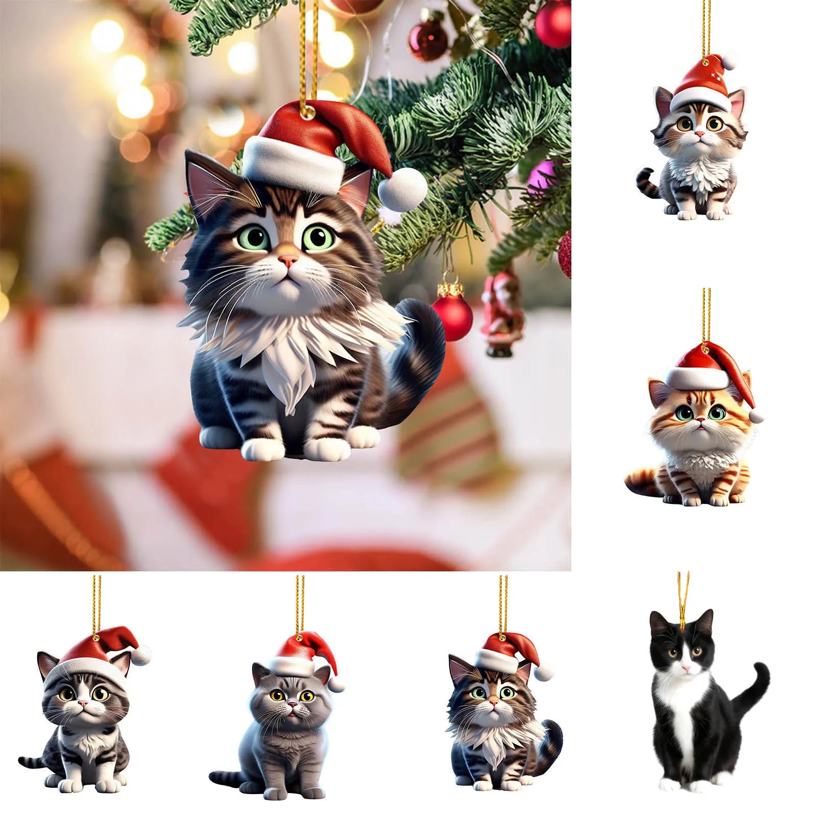 2D Acrylic Funny Cat Christmas Ornament | Santa Hat Pendant