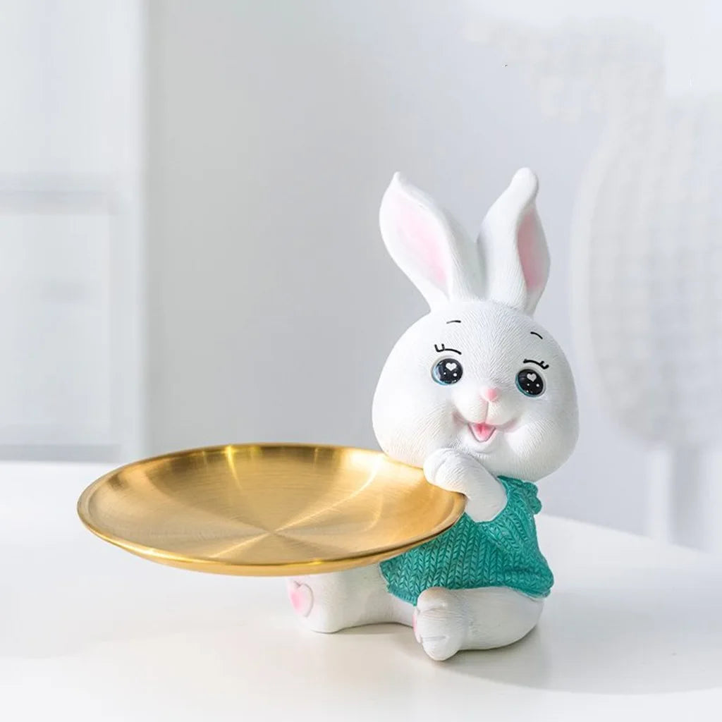 Cute Rabbit/Cat Storage Tray Multifunctional Rabbit Sculpture Key Tray Resin Bunny Statue Candy Dish Home Office Desk Decor Oasis Select