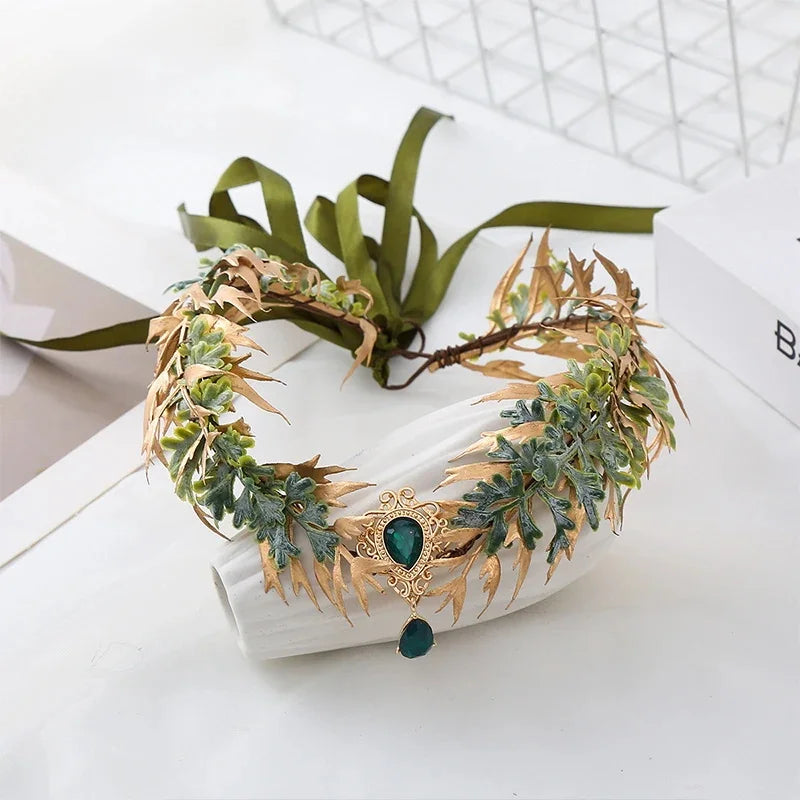 Retro Elf Crown Fairy Leaf Tiara Elf Ears Pendant Forest Garland Women Elven Princess Headpiece Wedding Halloween Hair Jewelry Oasis Select