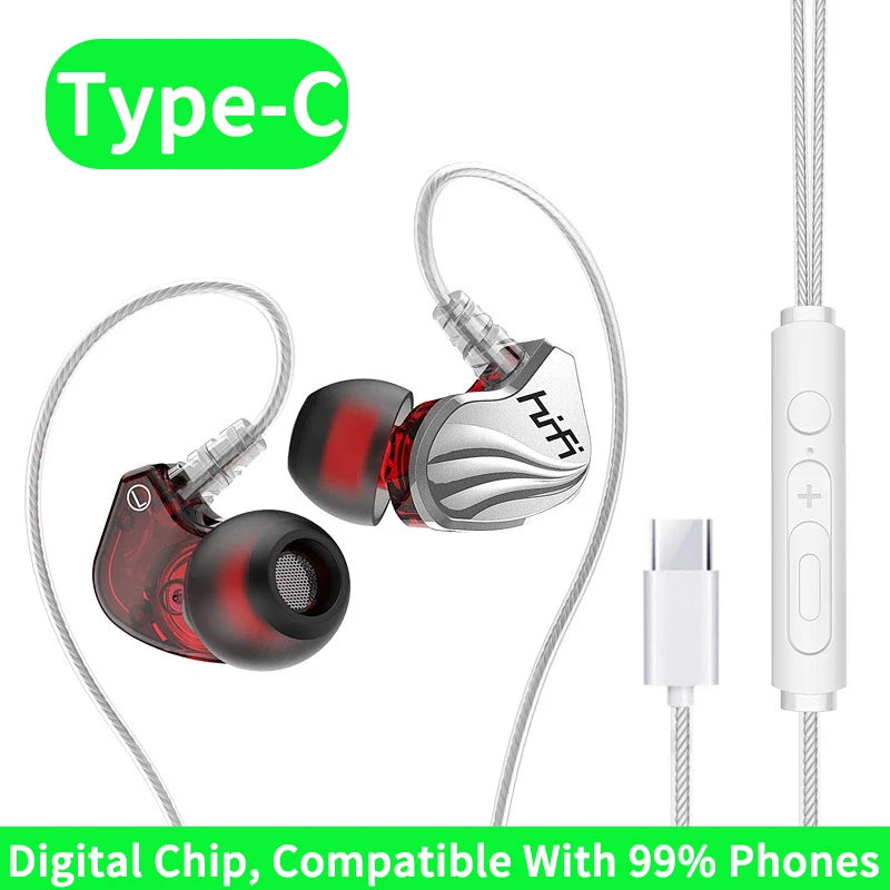 Wired Earphone 3.5mm AUX/Type C In-Ear HIFI 6D Surround Bass In-Ear Game Music Headsets With MIC For Samsung Huawei Xiaomi PC Oasis Select T2000 Type-C Silver