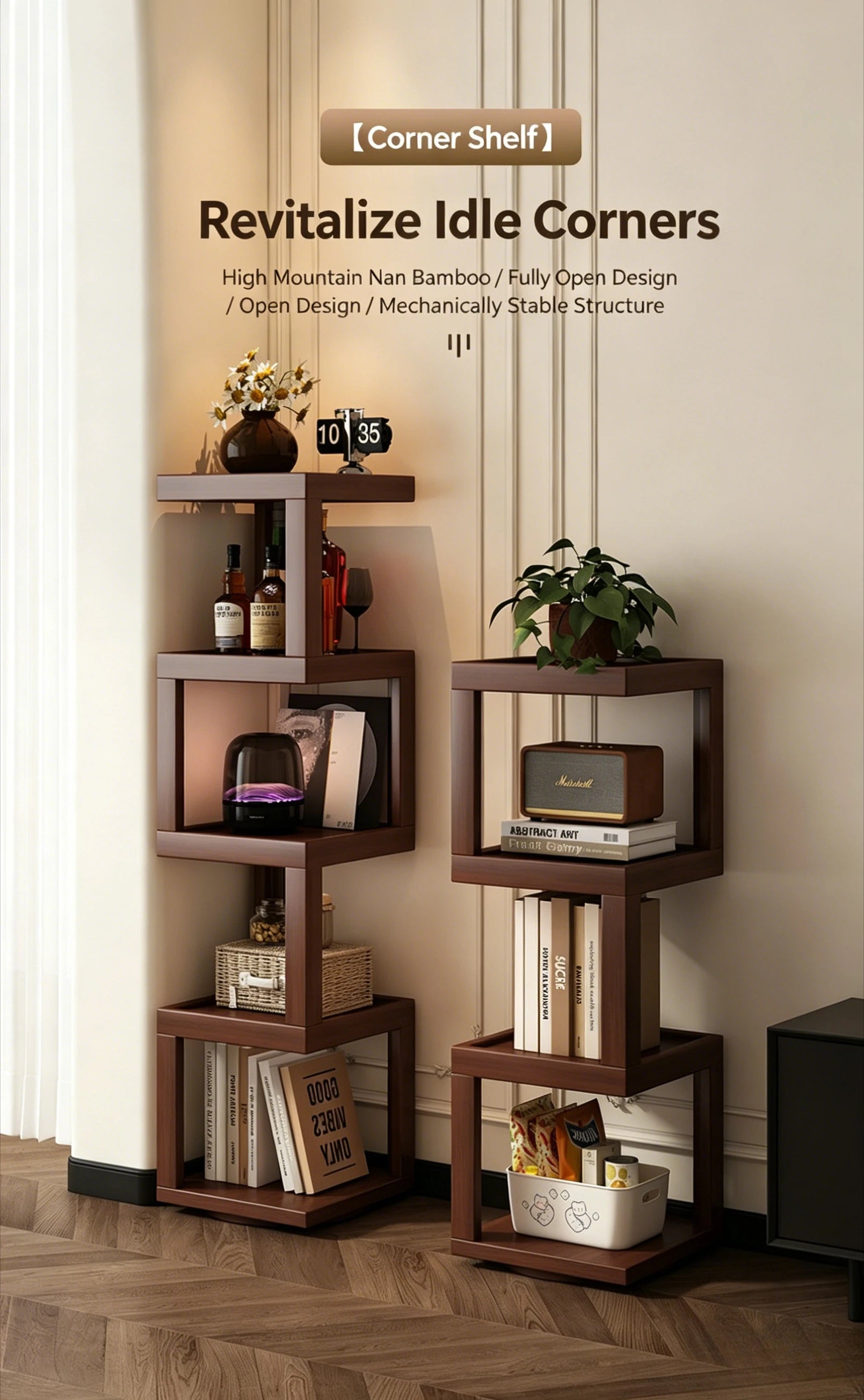 Corner Storage Shelf Triangle Cabinet, Wall Mounted Right Angle Storage Organizer, Bamboo Display Cabinet for Living Room Oasis Select
